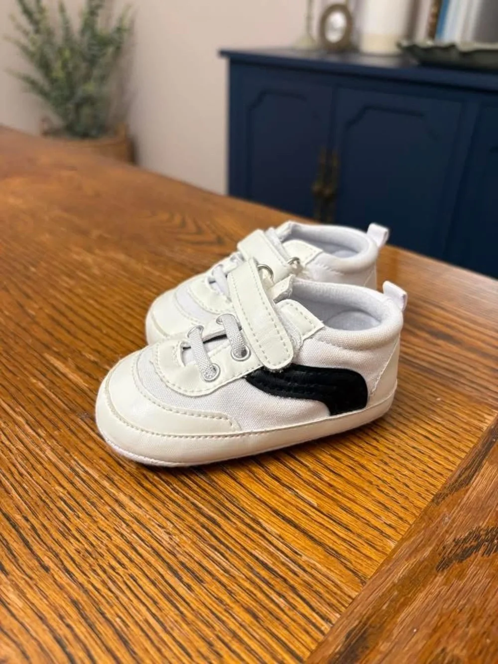White and Black Kids Sneaker with Hook-and-Loop Strap Size 2 Soft Sole